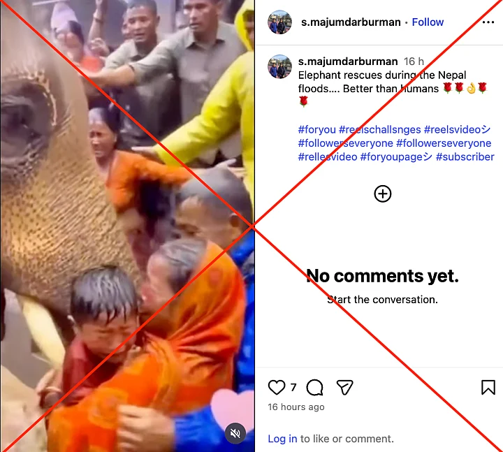 Screenshot of a viral post claiming to show an elephant rescuing two children during the 2026 Nepal floods
